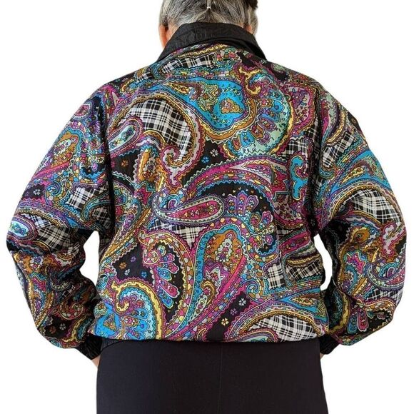 Vintage 80s Windbreaker Jacket Black Paisley  Reversible Bomber Coat Size S Tren - Picture 4 of 13